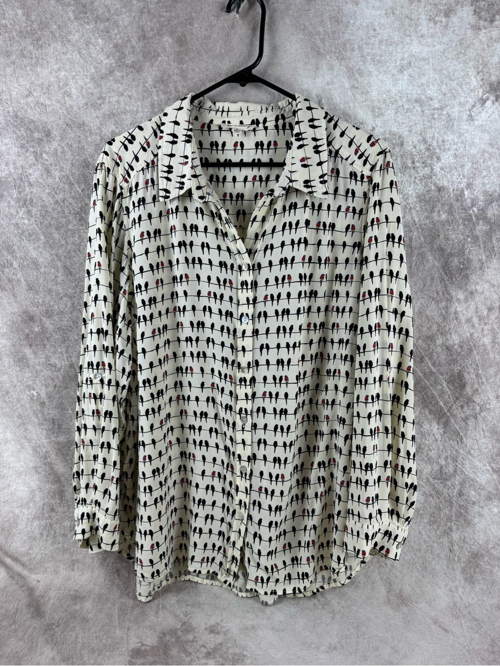 Jane and Delancey Cream Button-Up Blouse with Black Bird & Parrot Print 2XL